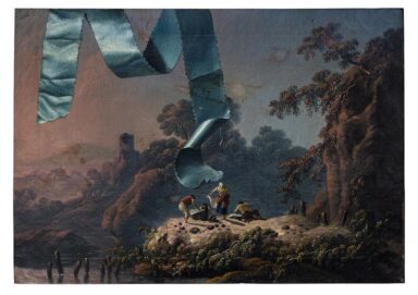Jean Pillement - Trompe l'oeil avec ruban turquoise devant le paysage de la campagne portugaise - vers 1790