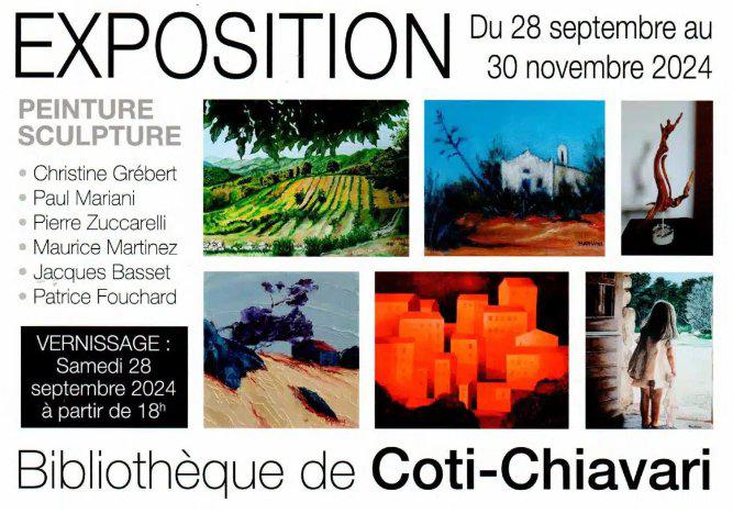 Exposition collective peinture & Sculpture des artistes : Christine Grébert, Paul Mariani, Pierre Zuccarelli, Maurice Martinez, Jacques Basset et Patrice Fouchard - Bibliothèque - Coti Chjavari
