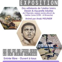 Exposition des œuvres des adhérents de l'atelier "Dessin & Aquarelle" du CPIE A Rinascita - Couloir principal du RdC de l'Hôpital - Corti