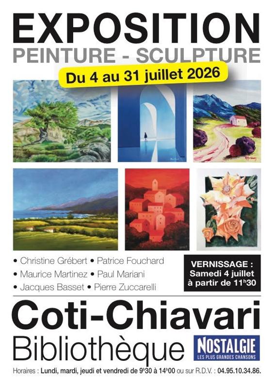 Exposition collective peinture & Sculpture des artistes : Christine Grébert, Patrice Fouchard, Maurice Martinez, Paul Mariani, Jacques Basset et Pierre Zuccarelli - Bibliothèque - Coti Chjavari