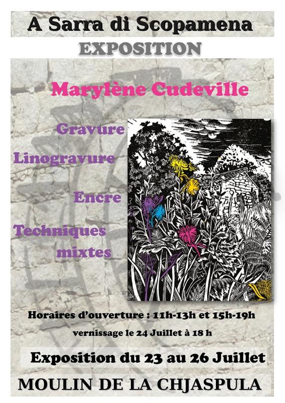Exposition de l'artiste Marylène Cudeville : Gravure, Linogravure, Encre et Techniques mixtes - Moulin de la Chjaspula - A Sarra di Scupamena