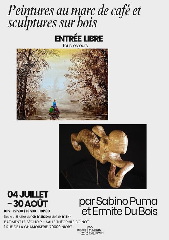 Exposition de peintures au marc de café et de sculptures sur bois par Sabino Puma et Ermite du Bois à Niort